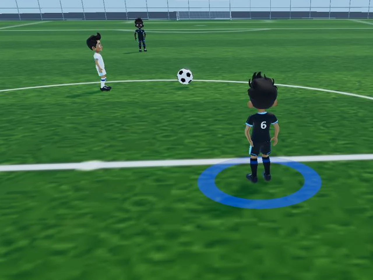 Three KickViz players on a 3D pitch, with the ball travelling between them.