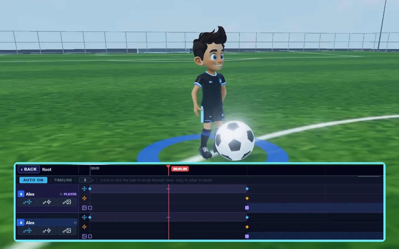 A player and ball in KickViz, with an enlarged detail of the actual movement and action timeline.